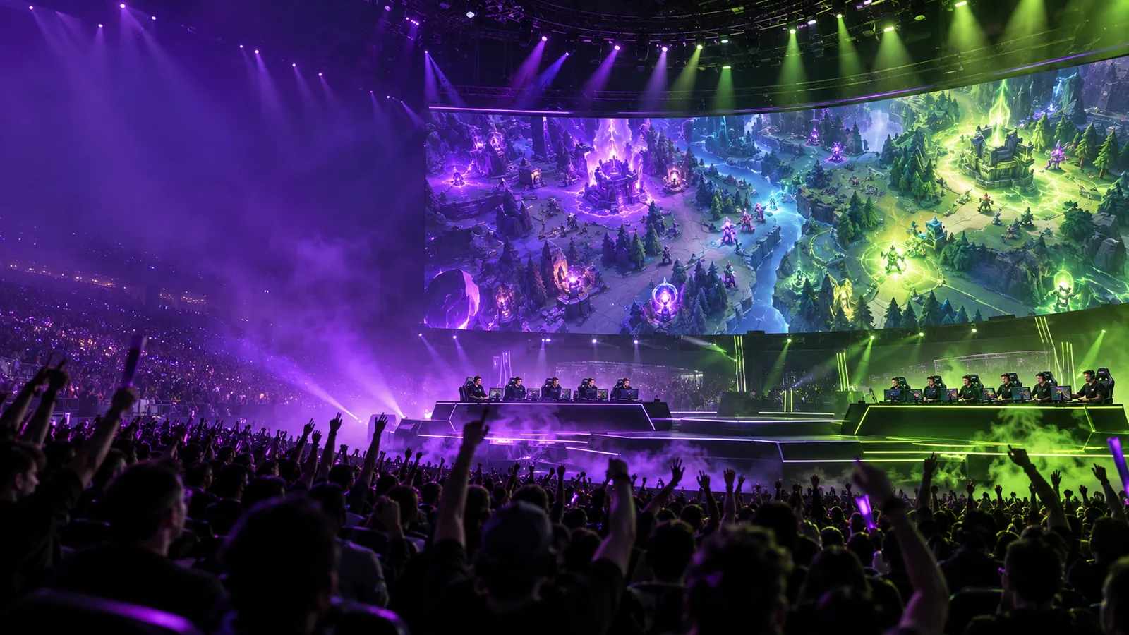 Arène d'esport pleine pendant une finale : deux équipes de cinq joueurs face à un écran géant, public les bras levés, lumières violettes et vertes